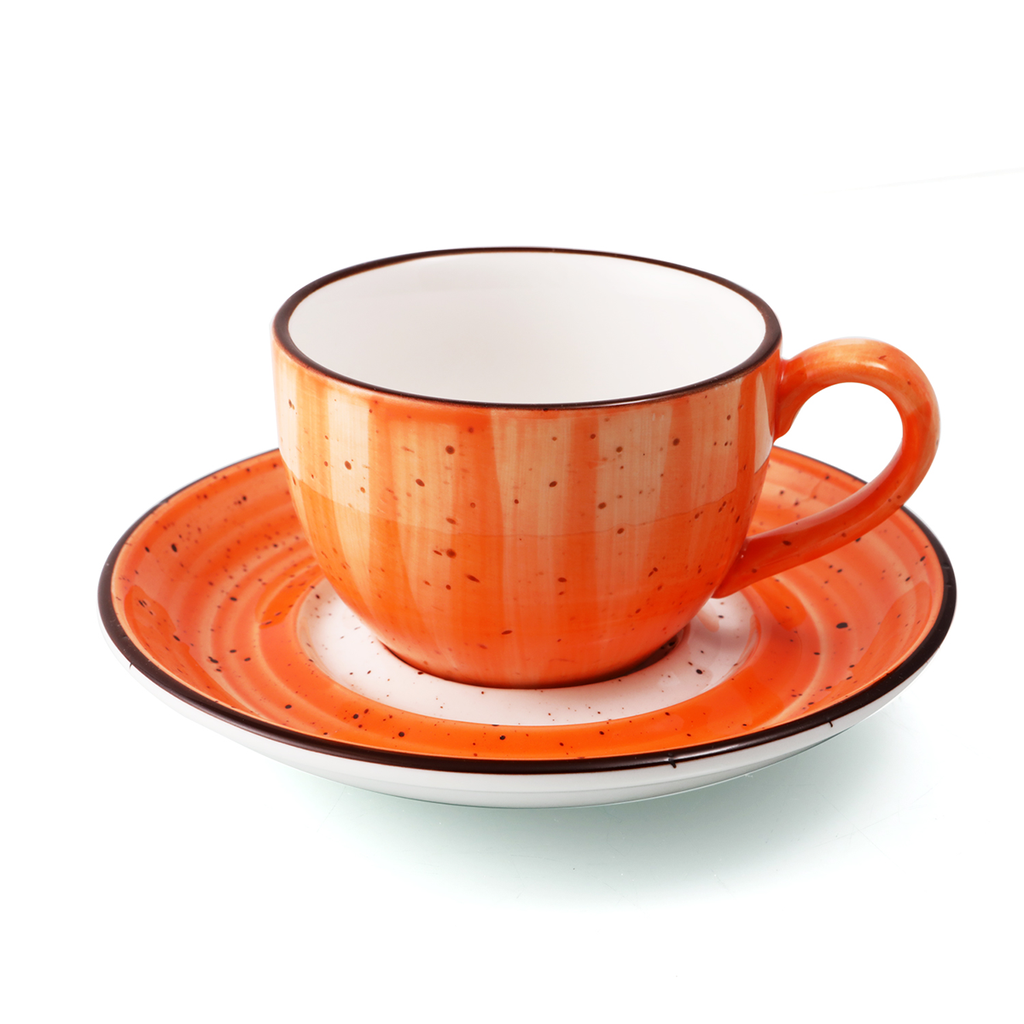 Porceletta Orange Color Glazed Porcelain Coffee Cup & Saucer 200 ml