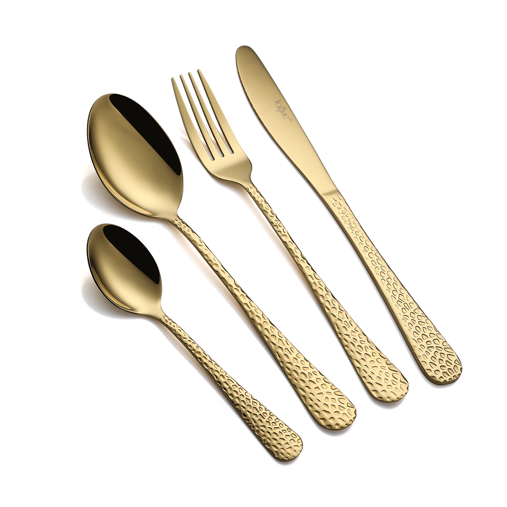 Vague Stainless Steel 16 Pieces Cutlery Set - Hammered Golden PVD Finish Design