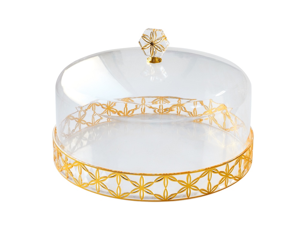 طقم أطباق كيك أكريليك شفاف وذهبي مع غطاء، قطر 31 سم، تصميم ديزي