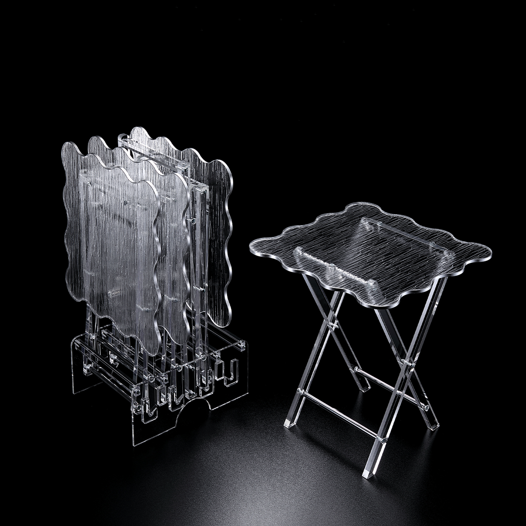 Vague Acrylic 4 Square Coffee Tables with Stand Set Wave Bark Design