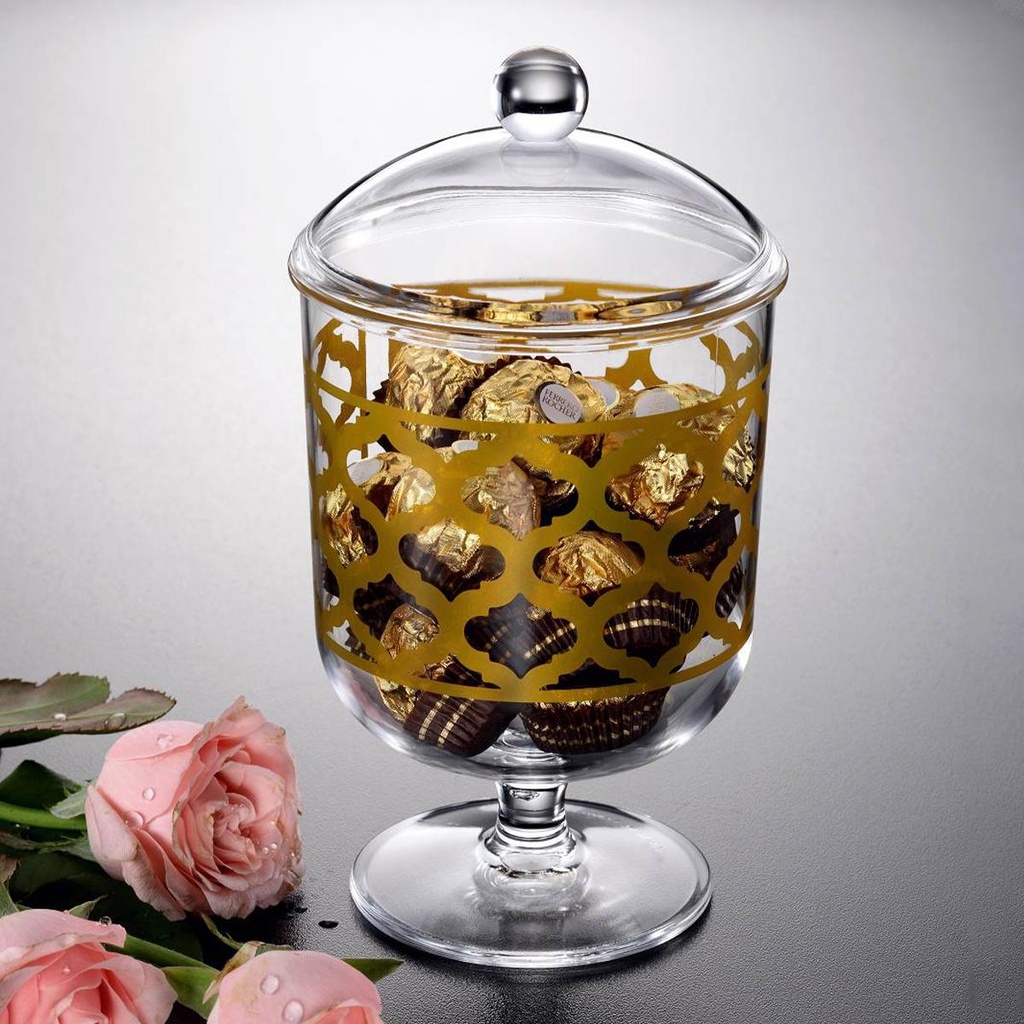 علبة حلوى دائرية من الأكريليك الغامق بطباعة ذهبية صغيرة