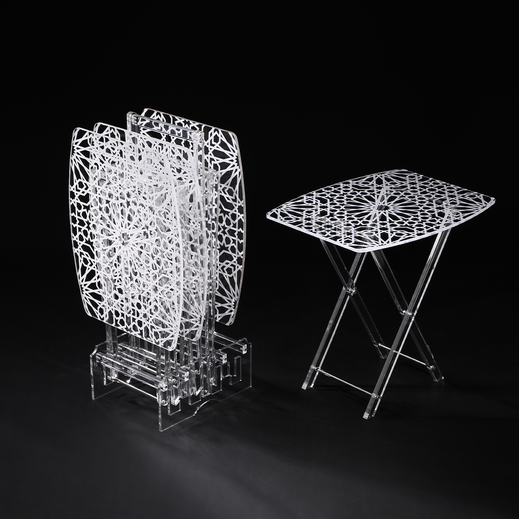 Vague Acrylic 4 Oval Rectangular Coffee Tables with Stand Set Islamic Printing