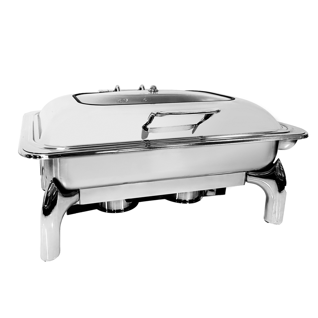 Vague 1/1 Stainless Steel Rectangular Chafing Dish With Glass Lid 9 Liter
