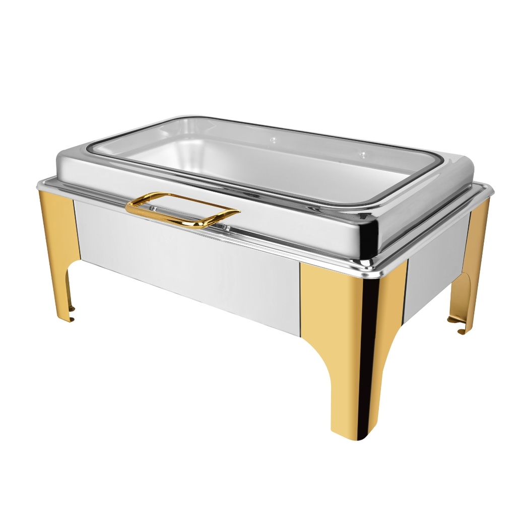 Vague Rectangular Stainless Steel 1/1 Chafing Dish with glass lid 9L Semi Gold