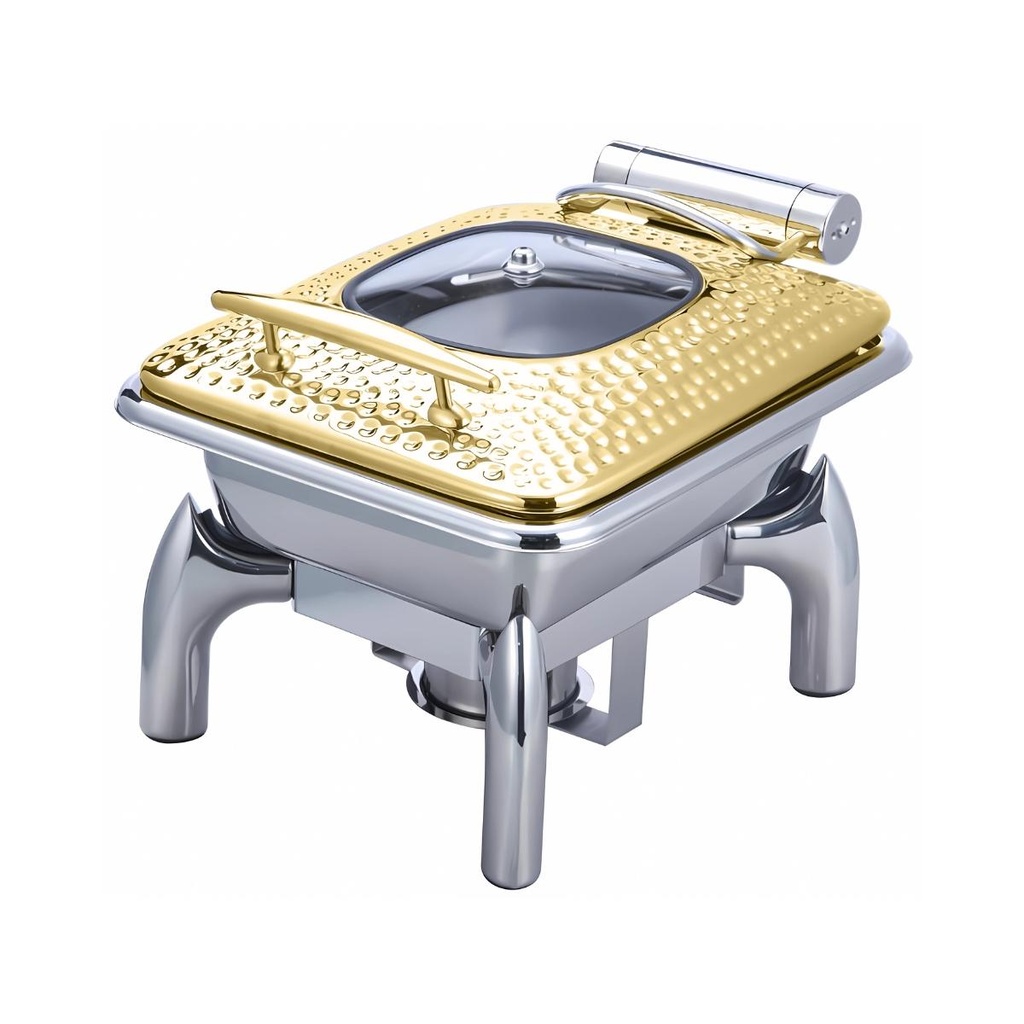 Upper 4L Rectangle 1/2 Chafing Dish With Glass Lid, Small Hammer-Gold