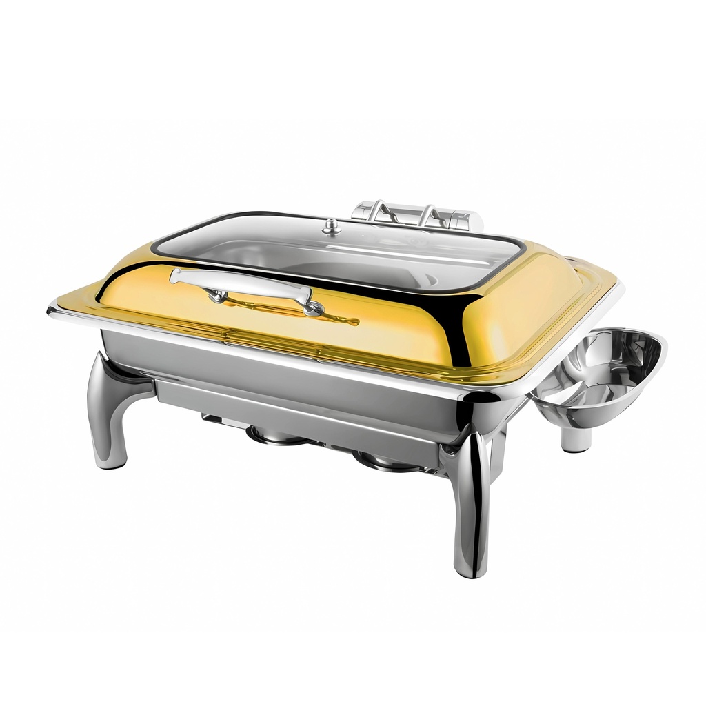 Vague Stainless Steel Rectangle Chafing Dish with Glass Lid 9L Gold