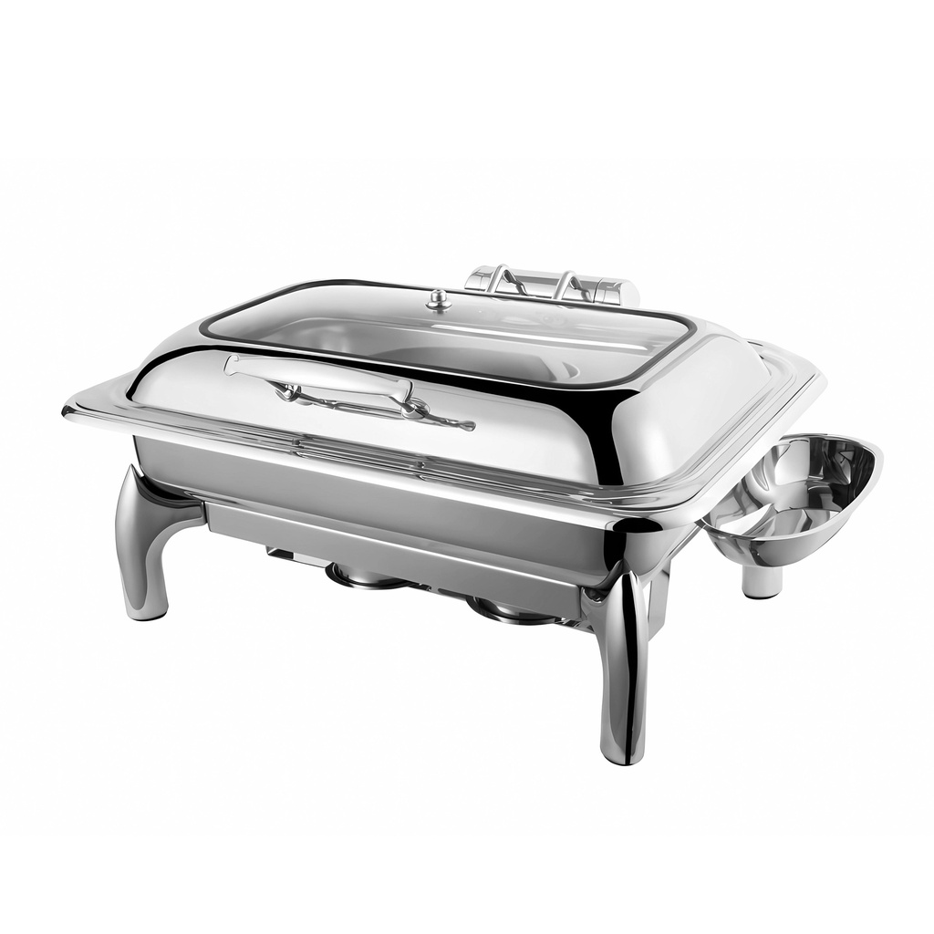 Vague Stainless Steel Rectangle Chafing Dish with Glass Lid 9L Silver