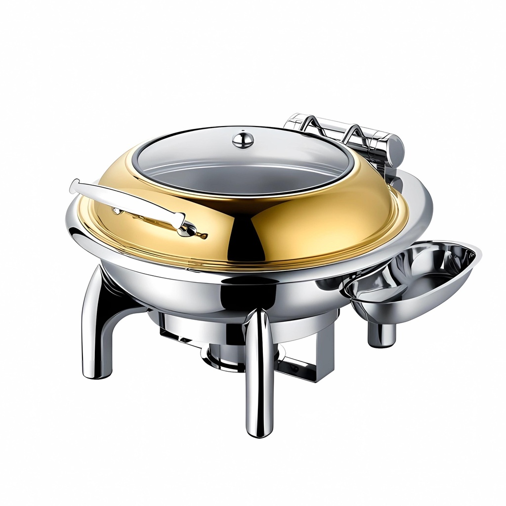 Vague Stainless Steel Round Chafing Dish with Glass Lid 6L Gold