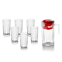 Vague Glass Glass Jug 1.3 Liter Red Lid with 6 Pieces Highball Glasses 9oz Set