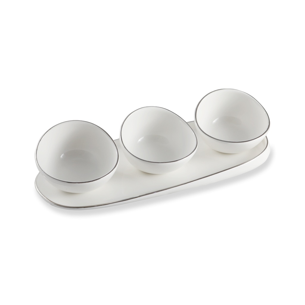 Porcelain Silver 3 Pieces Mini Bowls with Trays