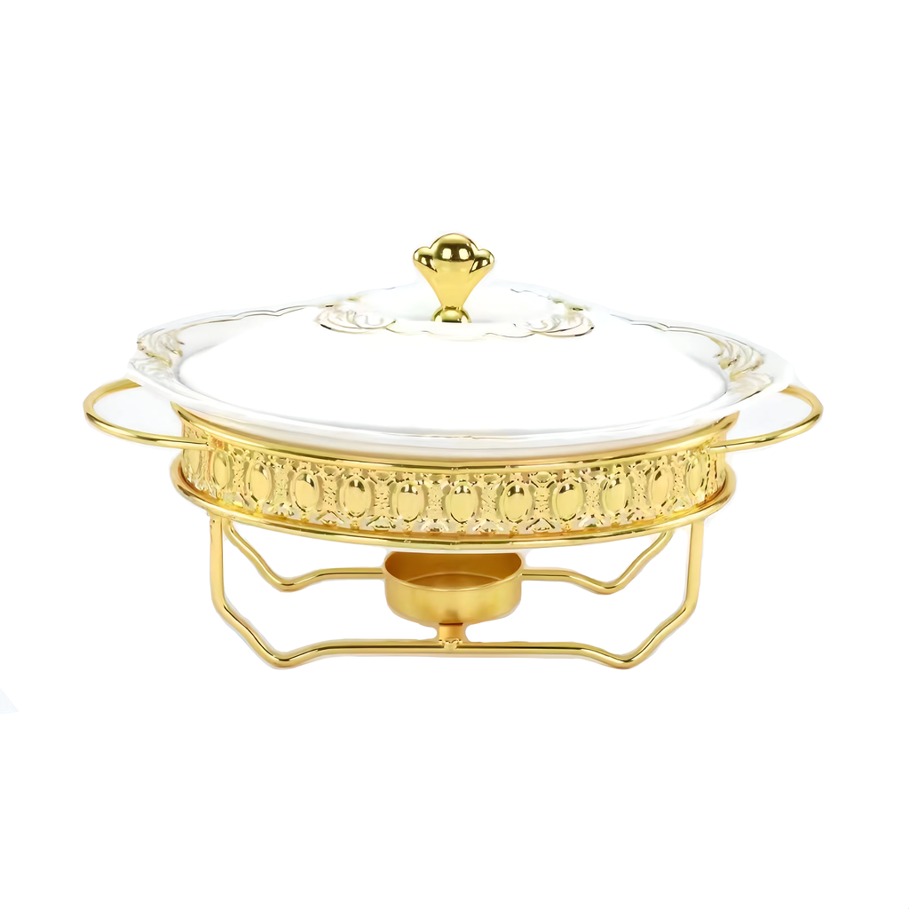 1.0L Oval Ceramic Food Warmer with Golden SS Stand