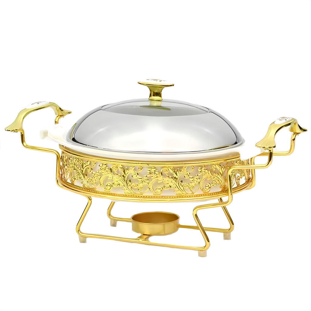13" Round Ceramic Food Warmer with Golden SS Stand and Lid