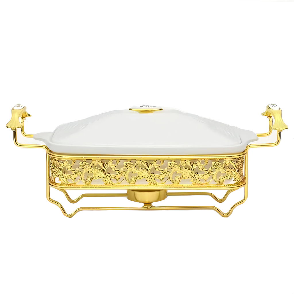 1.5 L Rectangular Ceramic Food Warmer with SS Golden Stand