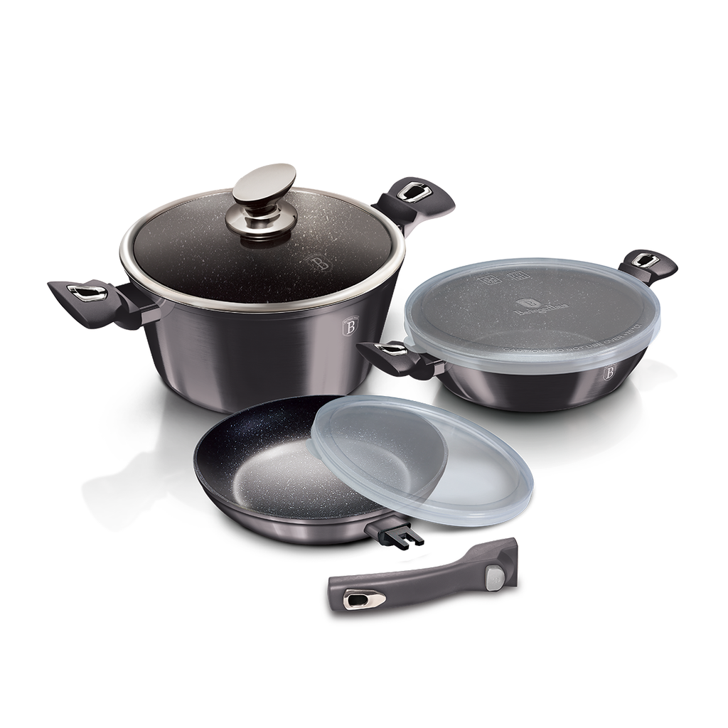 طقم أواني طهي Berlinger Haus مكون من 6 قطع بمقبض قابل للفصل، مجموعة Metallic Line Carbon Pro