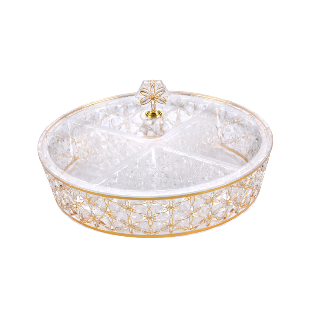 Vague Clear & Gold Round Acrylic Candy Box with 4 bowls 30.5 cm x 30.5 cm Daisy Pattern