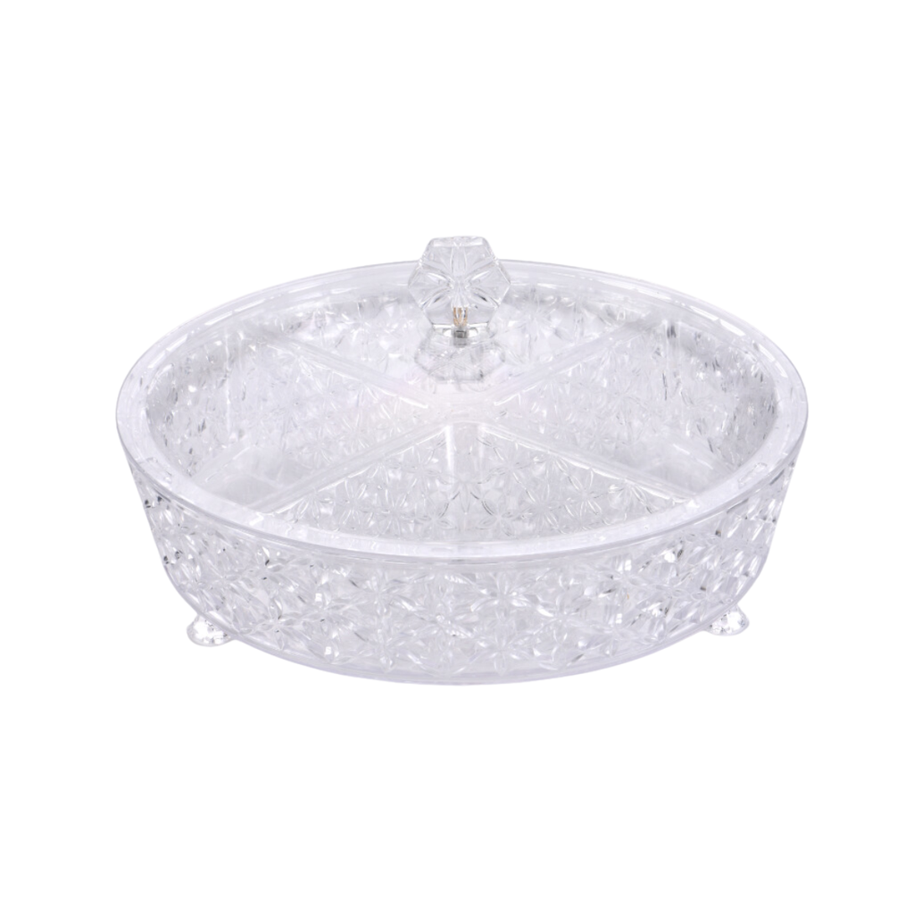 Vague Clear Round Acrylic Candy Box with legs and 4 bowls 30.5 cm x 30.5 cm Daisy Pattern