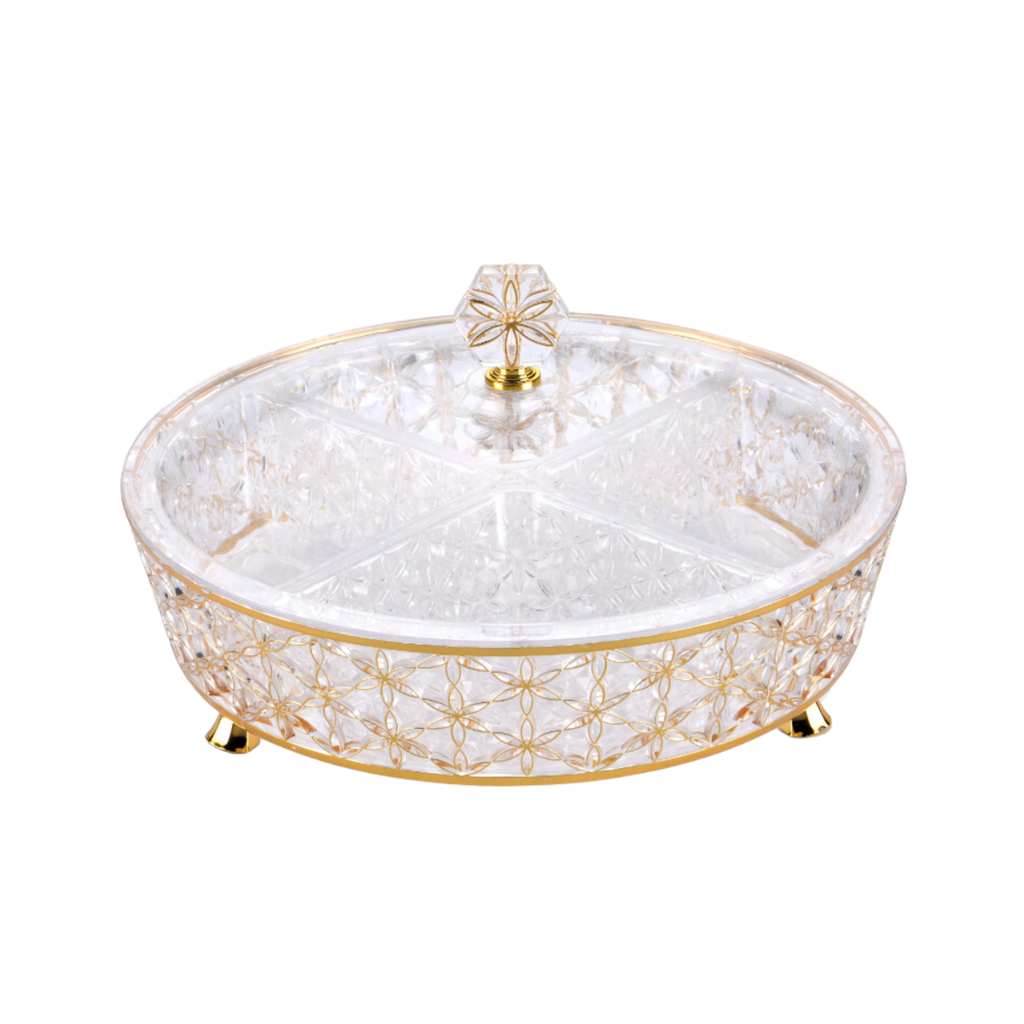 Vague Clear & Gold Round Acrylic Candy Box with legs and 4 bowls 30.5 cm x 30.5 cm Daisy Pattern