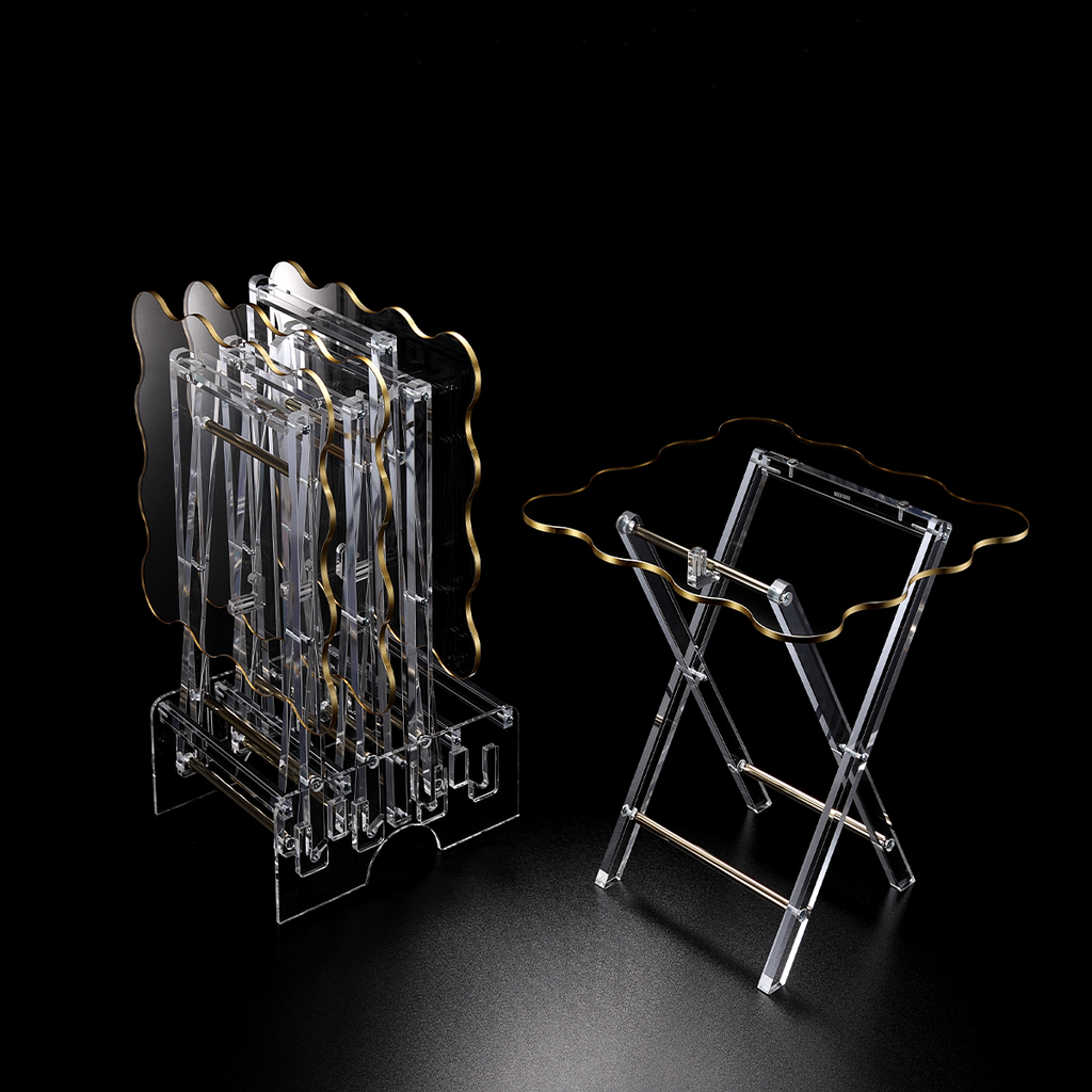 طقم 4 طاولات أكريلك بتصميم مموج مع ستاند 40*40 سم - حافة ذهبية