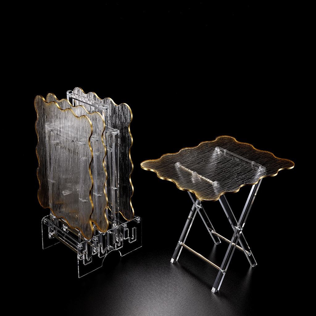 Vague Acrylic 4 Rectangular Coffee Tables with Stand Set Wave Bark Design