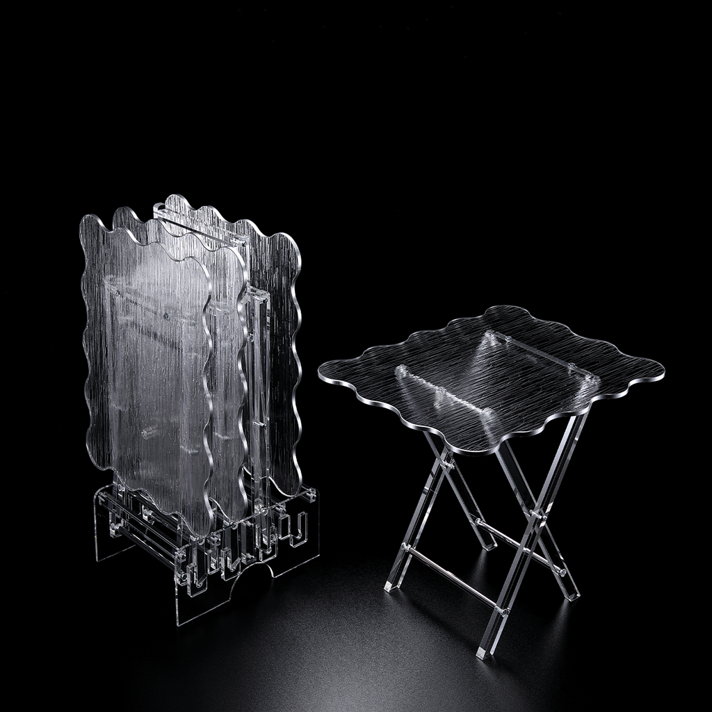 Vague Acrylic 4 Rectangular Coffee Tables with Stand Set Wave Bark Design