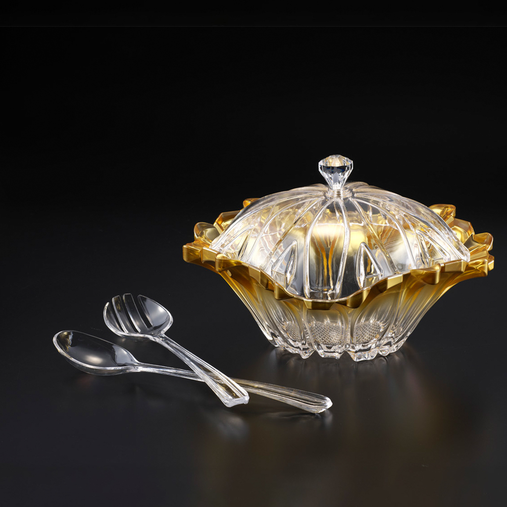 وعاء سلطة مع ملعقة و شوكة تقديم من الأكريلك لون ذهبي