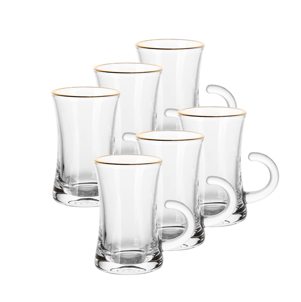 Glass 6 Pcs Tea Cup Set 110 ml - Plain with Golden Rim