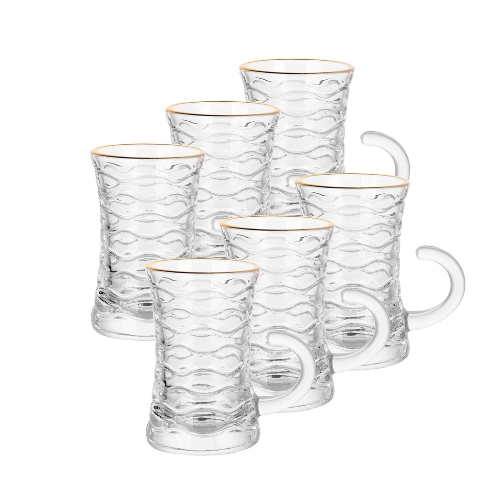 Glass 6 Pcs Tea Cup Set 110 ml - Swirl Design with Golden Rim