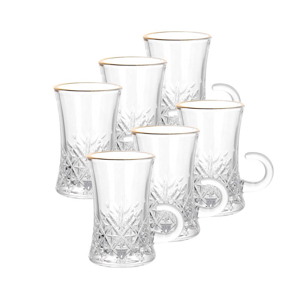 Glass 6 Pcs Tea Cup Set 110 ml - Frost Design with Golden Rim