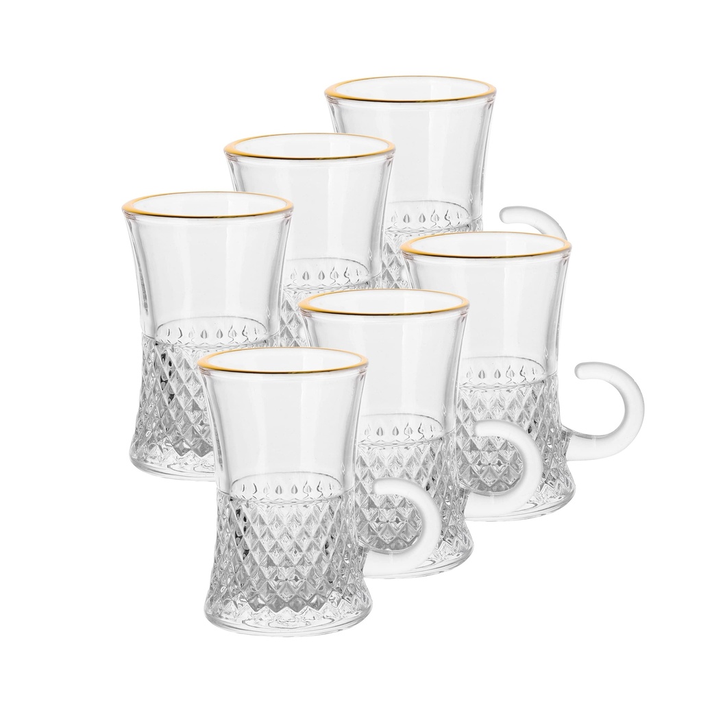 Glass 6 Pcs Tea Cup Set 110 ml - Nexus Design Crystal with Golden Rim