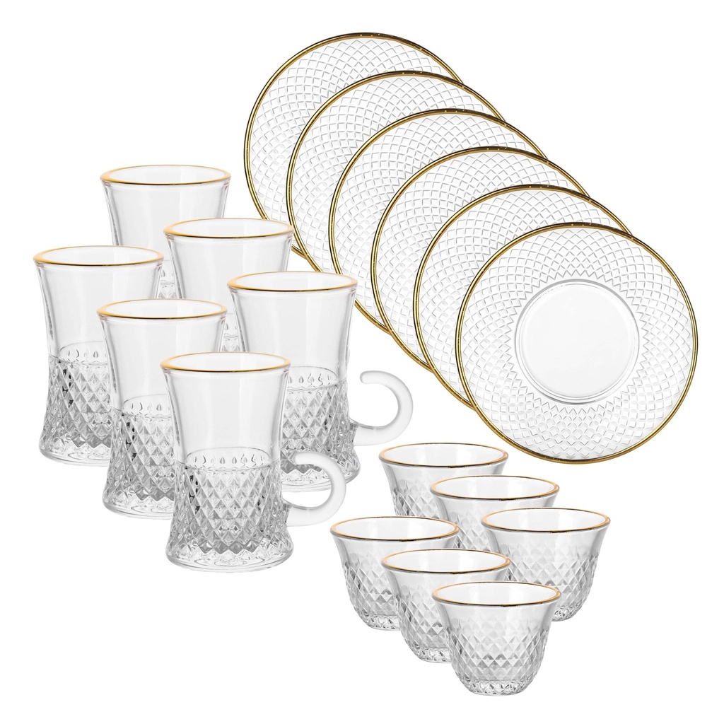 Glass 18 Pcs Tea & Coffee Set - Nexus Design with Golden Rim