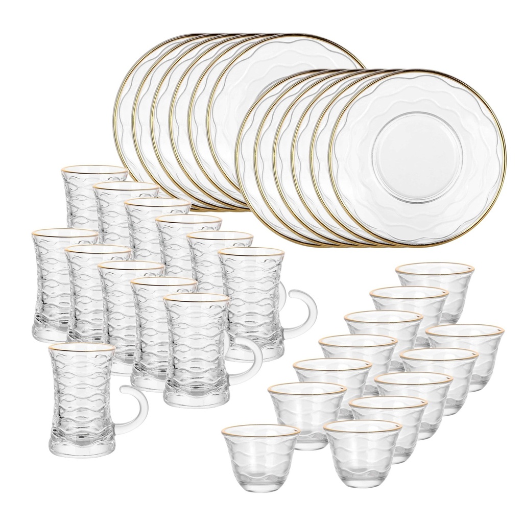 Glass 36 Pcs Tea & Coffee Set - Swirl Design with Golden Rim