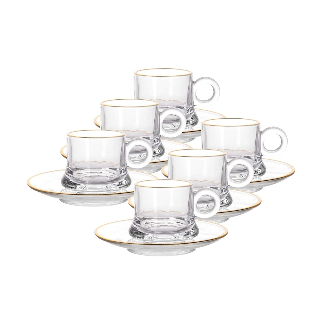 Glass 12 Pcs Tea Mug & Saucer Set 105 ml - Plain with Golden Rim