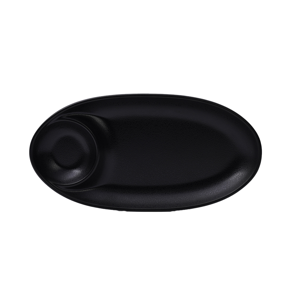 Vague Melamine Oval Platter with Sauce Hole 24 x 12.25 x 2.5 cm Black Matt Finish