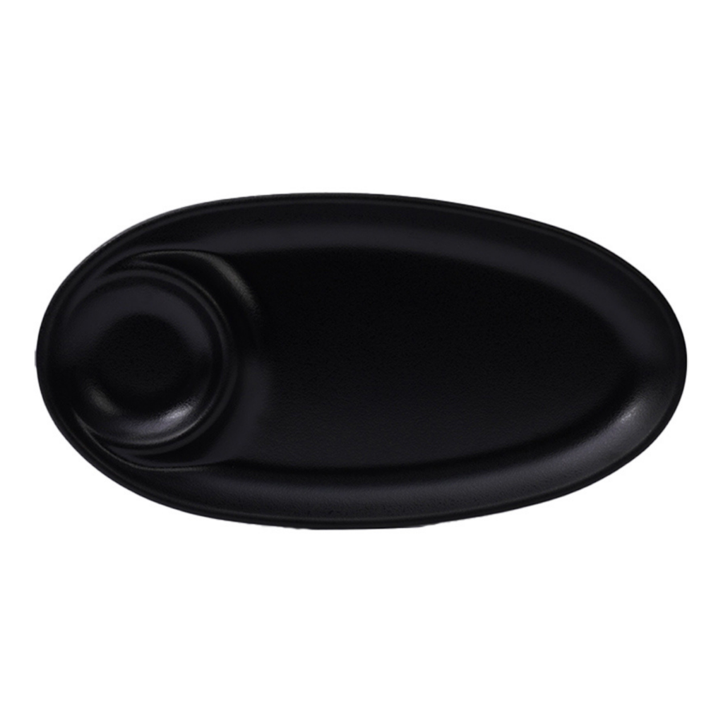 Vague Melamine Oval Platter with Sauce Hole 28 x 14 x 2.5 cm Black Matt Finish