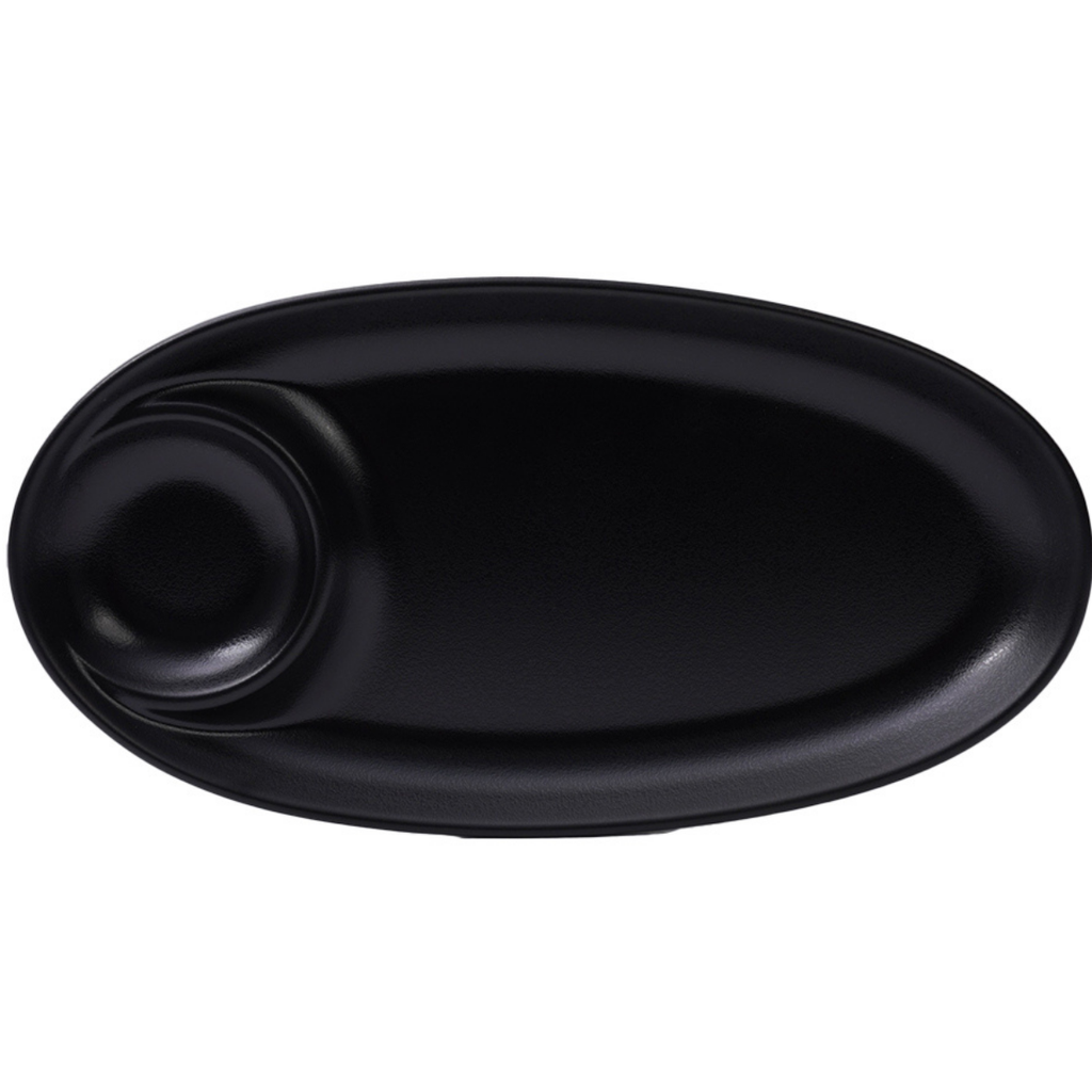 Vague Melamine Oval Platter with Sauce Hole 30 x 15.75 x 2.5 cm Black Matt Finish