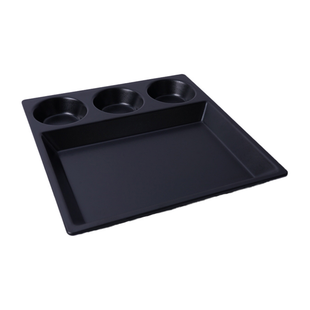 Vague Melamine Square Divided Platter with 3 Round Sauce Compt. 29.5 x 3 cm Black Matt Finish