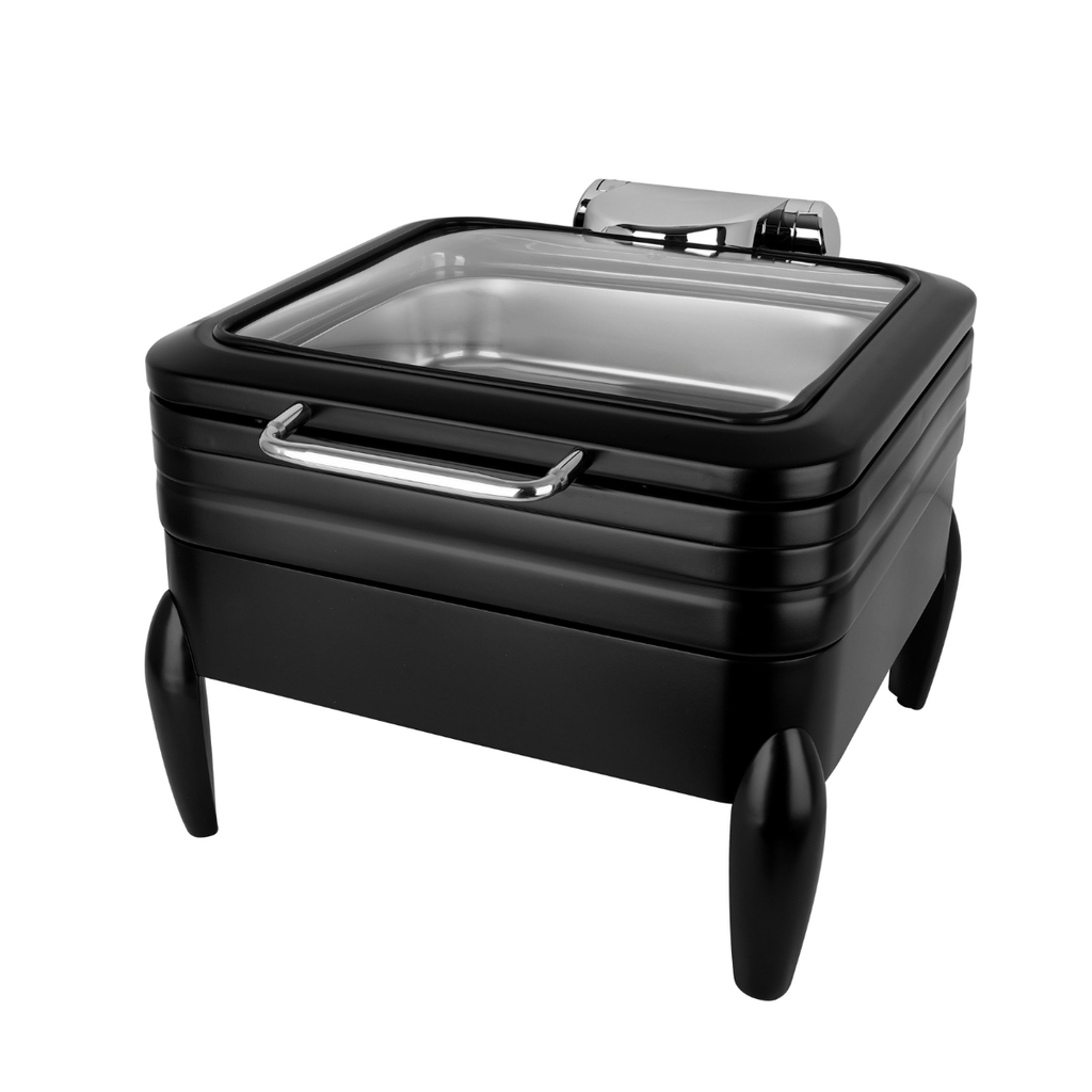 Vague Black Square 2/3 Stainless Steel Chafing Dish with Glass Lid - 6 Liter