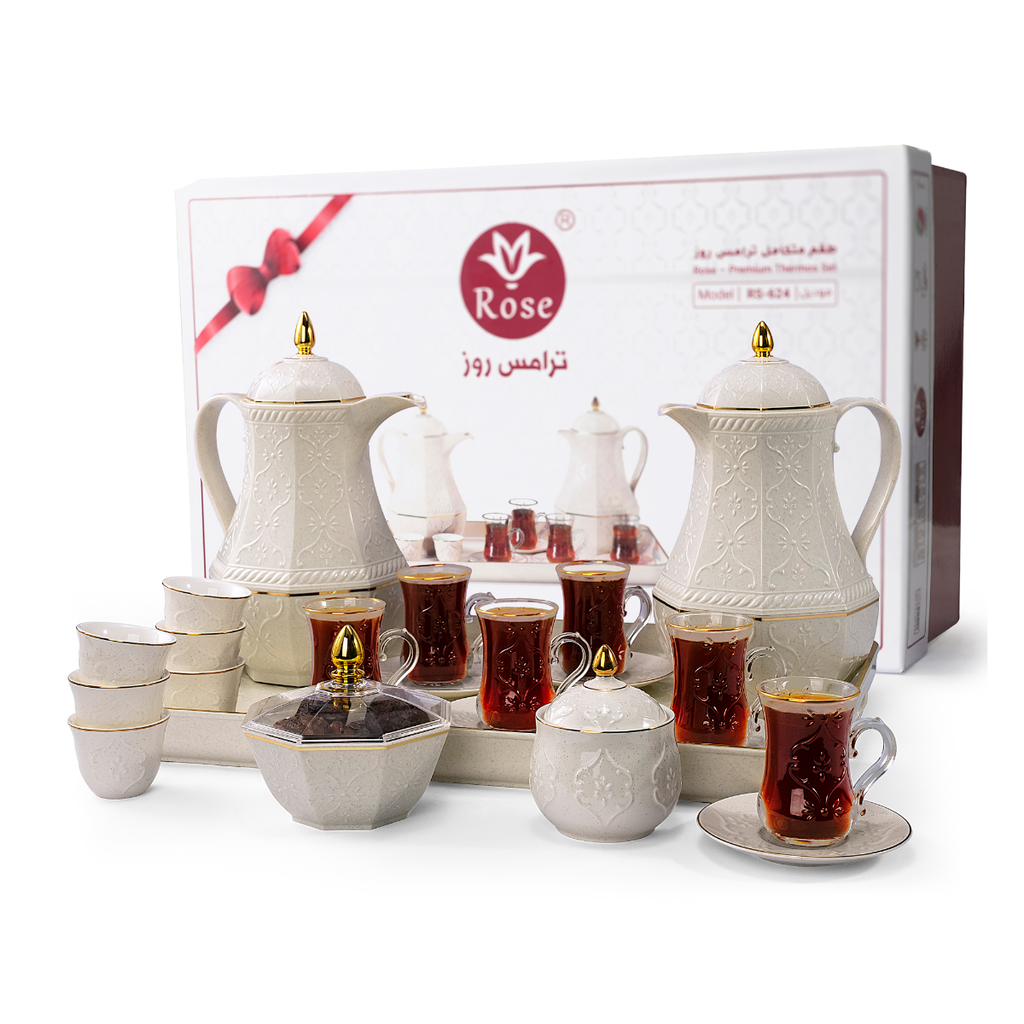 Rose Tea and Coffee 24 Pcs Set with Vacuum Flask Dotted White / 624-SET24-A27
