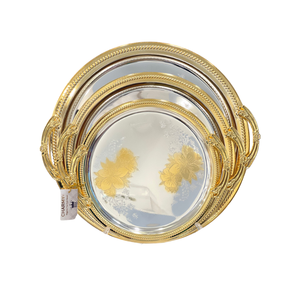 3 Pcs Round Stainless Steel Trays Set Silver & Golden