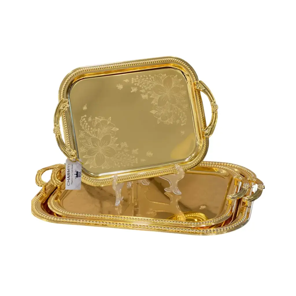 3 Pcs Rectangular Stainless Steel Trays Set Golden