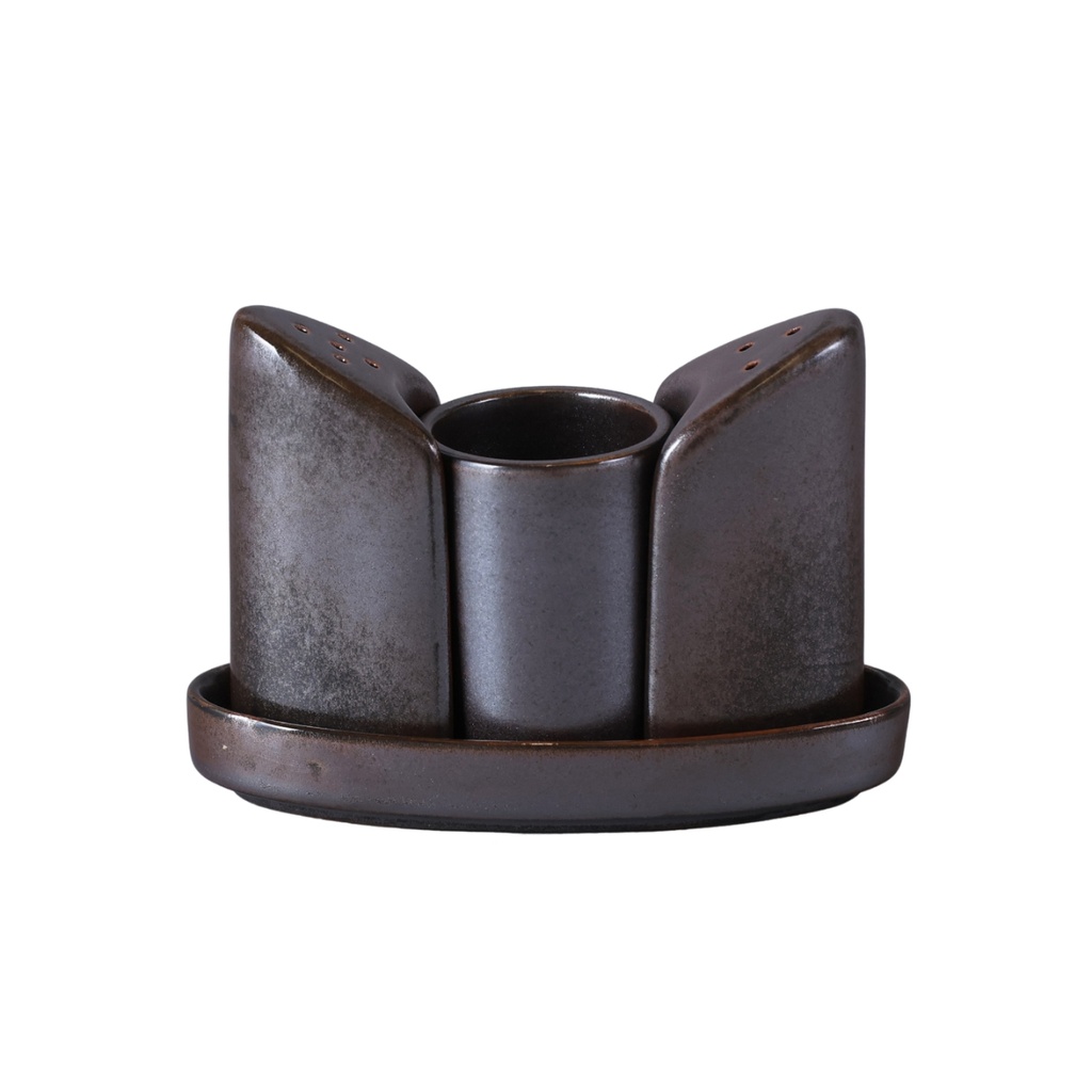 Porceletta Rustic Black Reactive Glaze Porcelain 4 Pieces Condiment Set