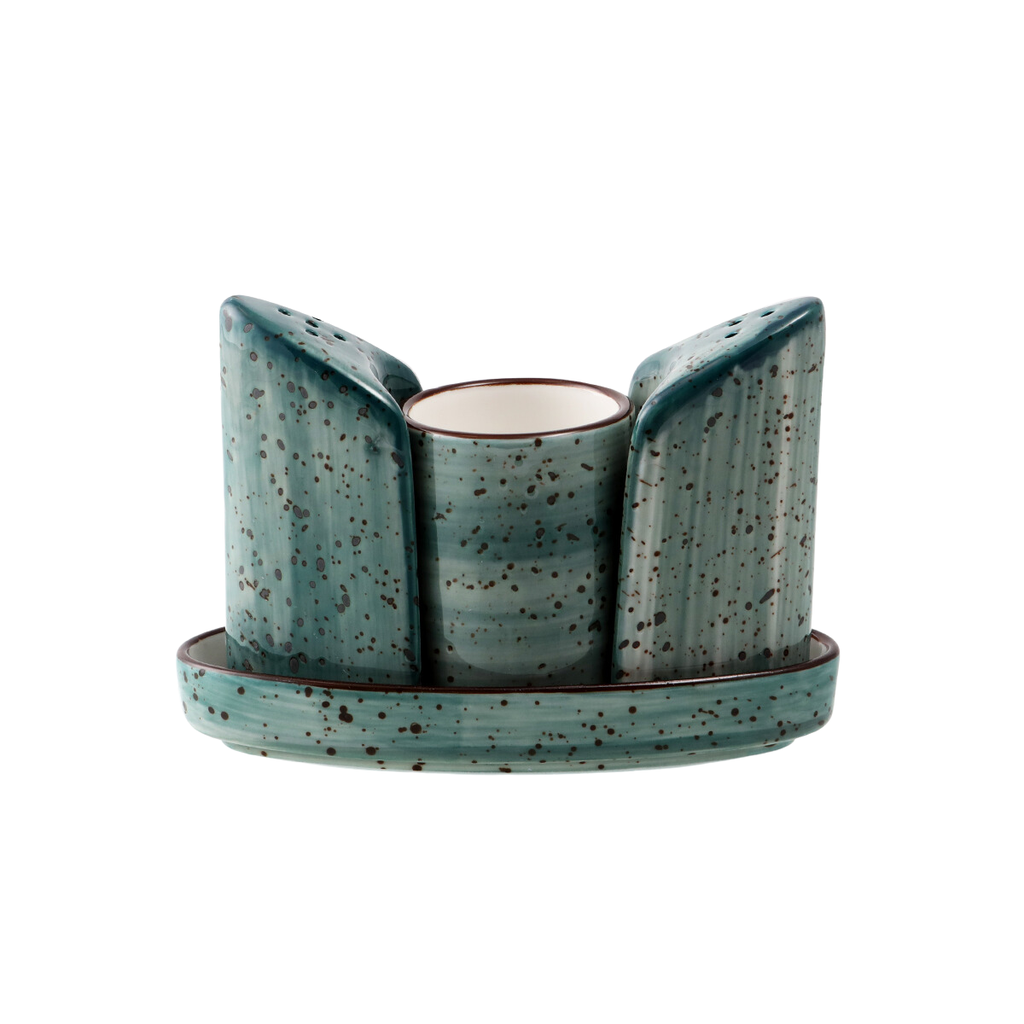 Porceletta Green Color Glazed Porcelain Condiment Set 4 Pieces