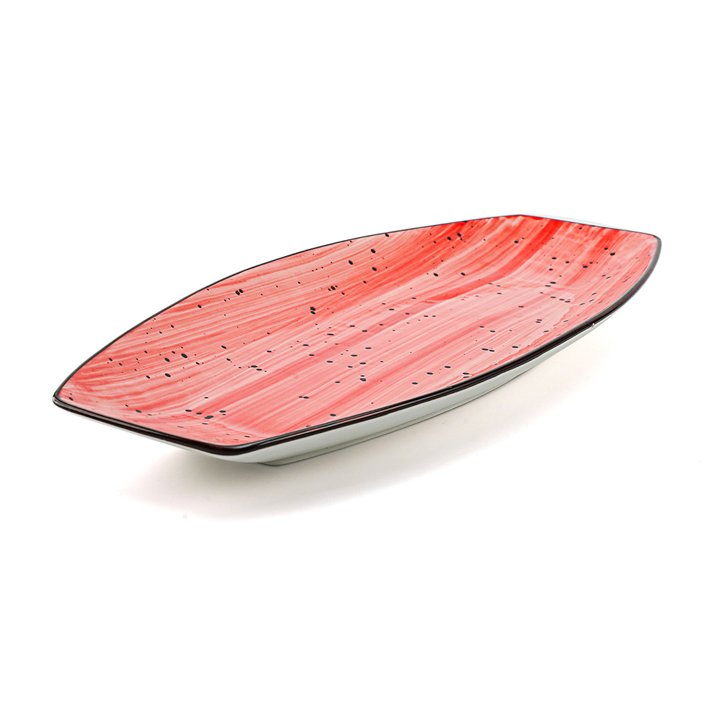 Porceletta Red Color Glazed Porcelain Boat Shape Plate 12"