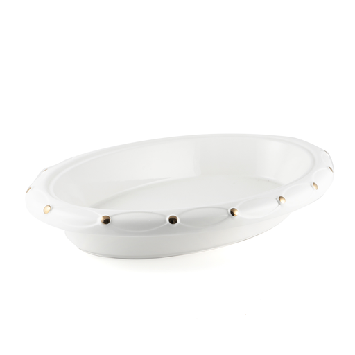 [08-440] Porceletta Ivory Porcelain  Oval Platter with Gold Dot 17.5"