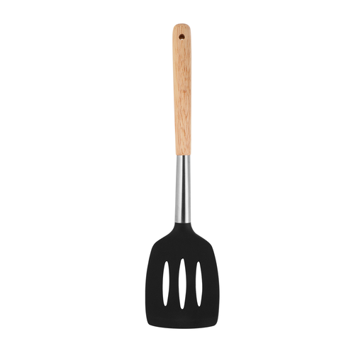 [01-204] Vague Silicone Grey Silicone Slotted Turner with Oak Wood Handle