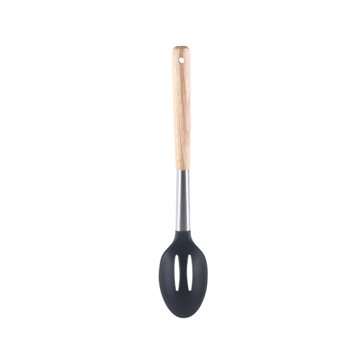 [01-205] Vague Silicone Grey Silicone Slotted Spoon with Oak Wood Handle