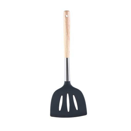 [01-210] Vague Silicone Grey Silicone Big Slotted Turner with Oak Wood Handle