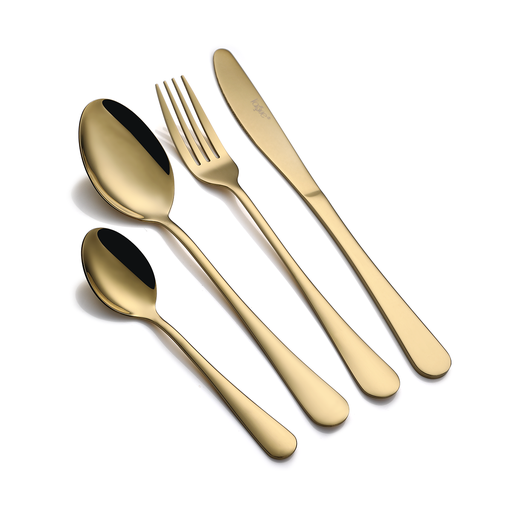 [13-1552] Vague Stainless Steel 16 Pieces Cutlery Set - Plain Golden PVD Finish Design