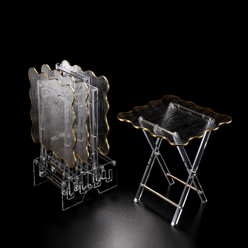[02-1313G] Vague Acrylic 4 Square Coffee Tables with Stand Set Wave Bark Design