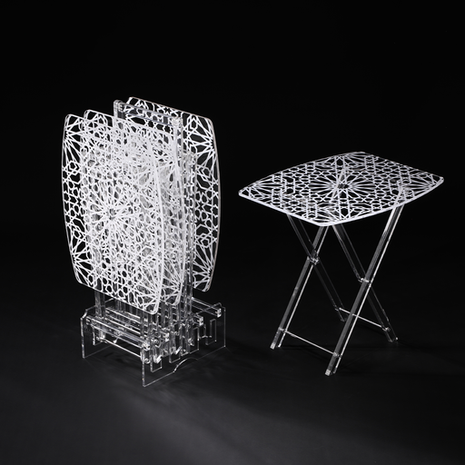 [02-1118] طقم طاولات قهوة مستطيلة بيضاوية الشكل من الأكريليك مع حامل، طباعة إسلامية